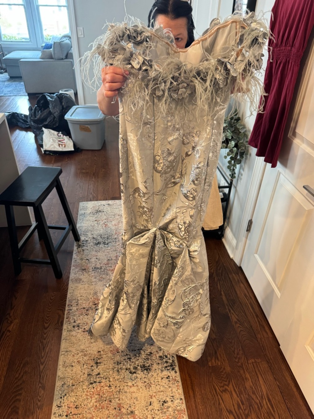 Terani Couture Silver Brocade Feather Off-Shoulder mother of the bride